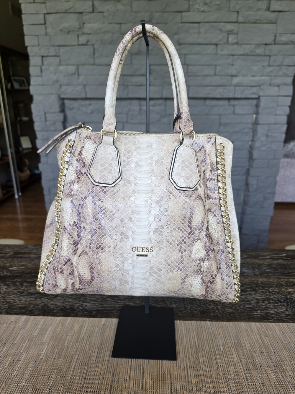 GUESS Women's Snake-Embossed Satchel in Cream with Gold Chain Accents